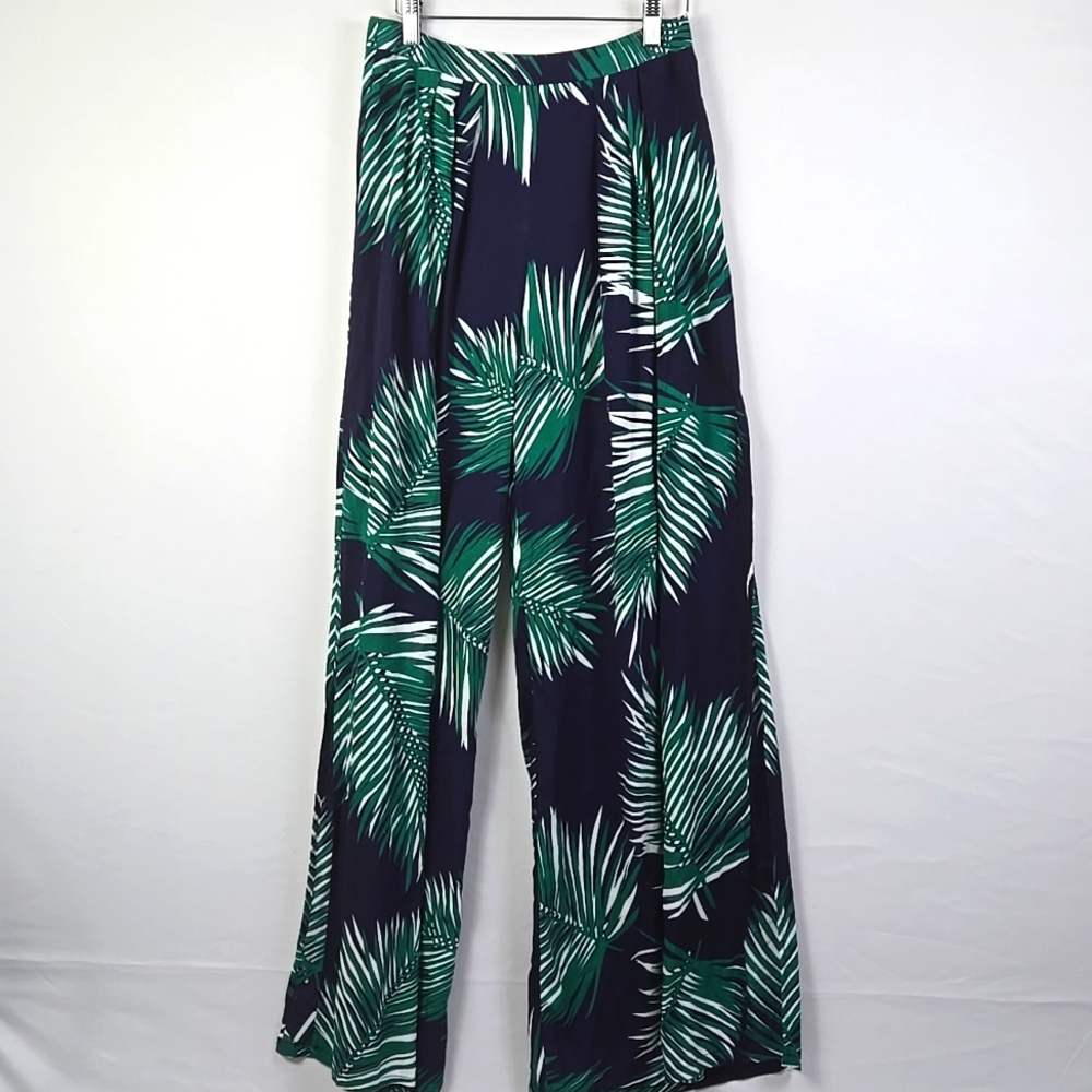 Palms Away Women's Tropical Print Palazzo Wide Leg Pants Palm Leaf Sz M